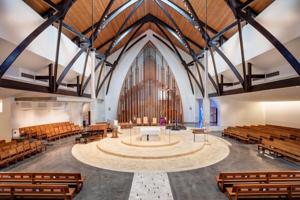 Sanctuary, altar, baptismal font, celebrant chair, music ministry, gothic interpretation, reredos, sanctuary screen