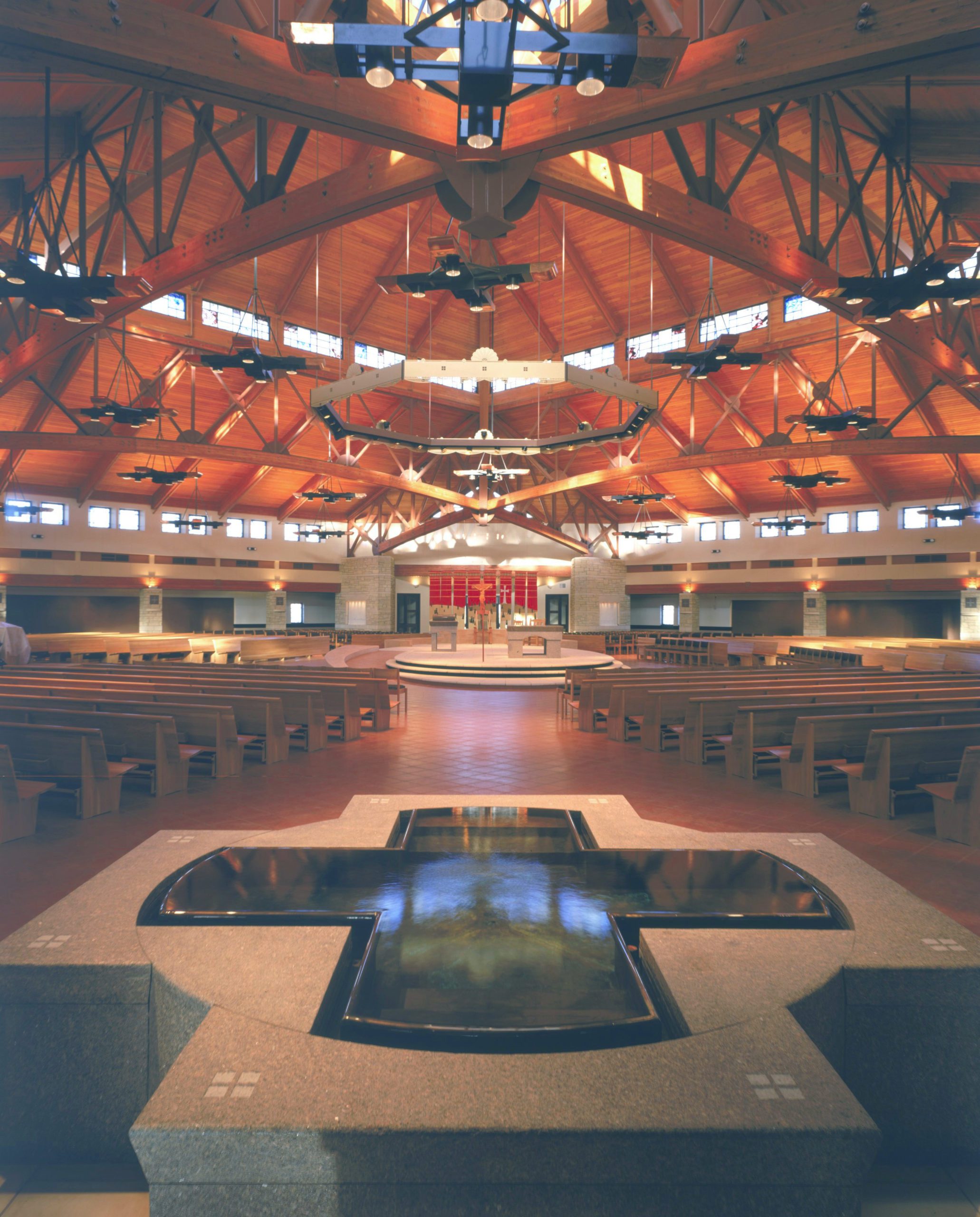 photo of worship space from behind Baptismal Font