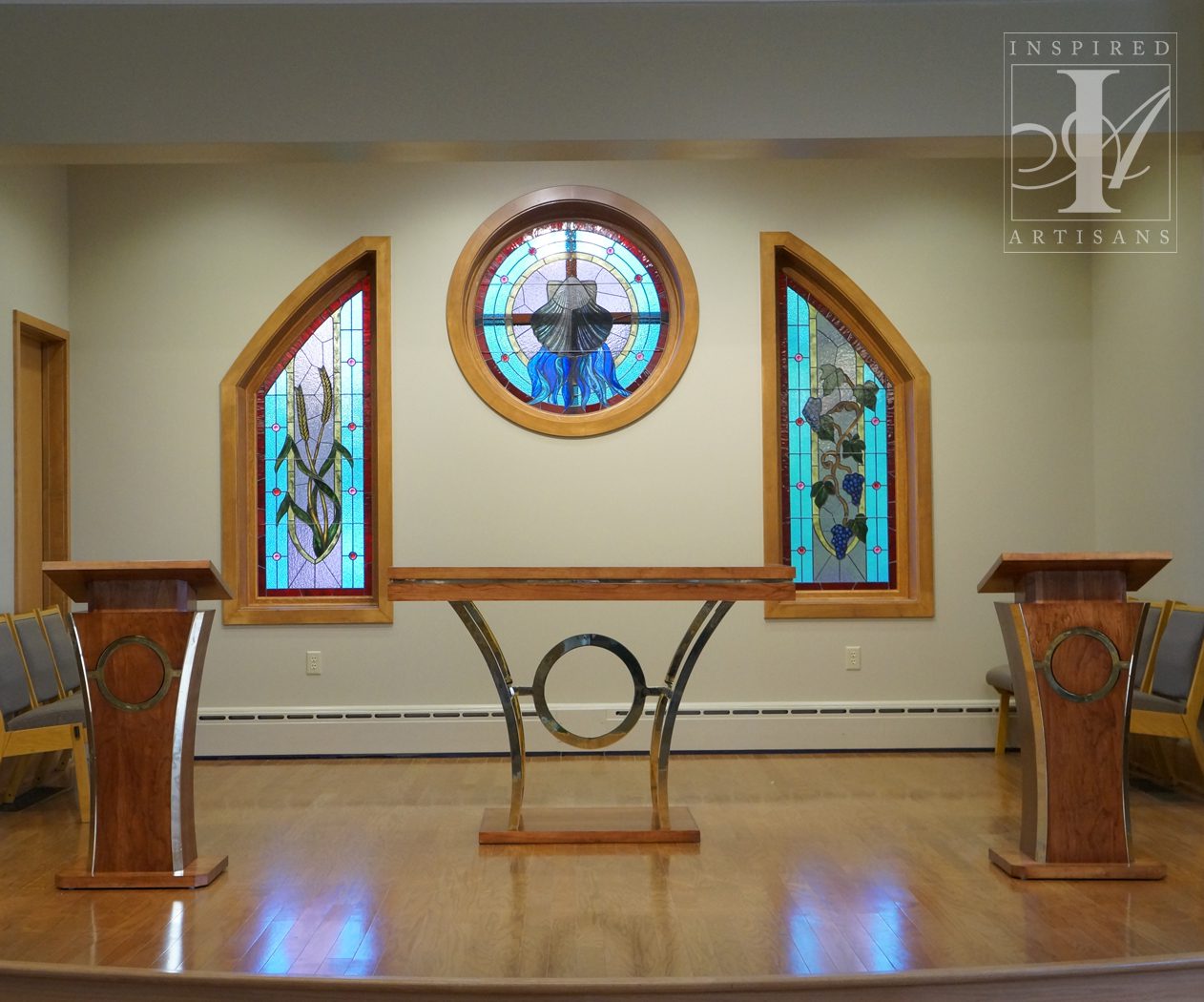 altar made of wood glass brass and steel