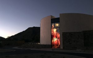 church exterior at dusk